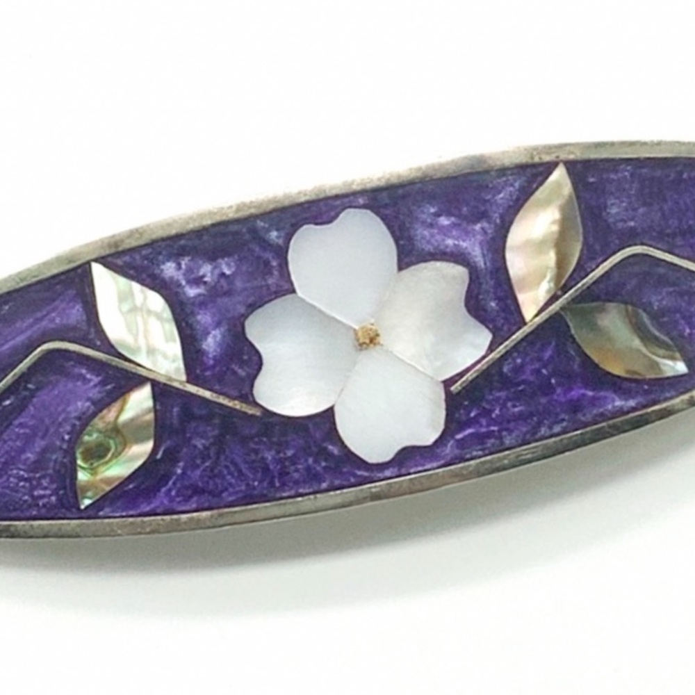 Silver Tone Alpaca Shell Inlay Floral Hair Clip